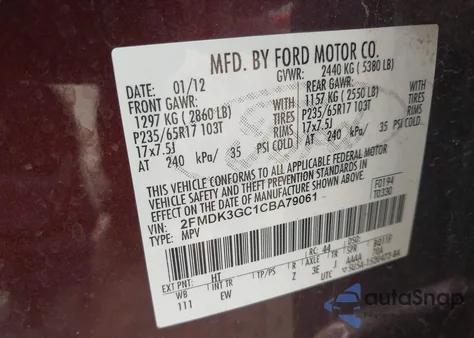 2012 Ford Edge Se from USA, damaged, VIN 2FMDK3GC1CBA79061